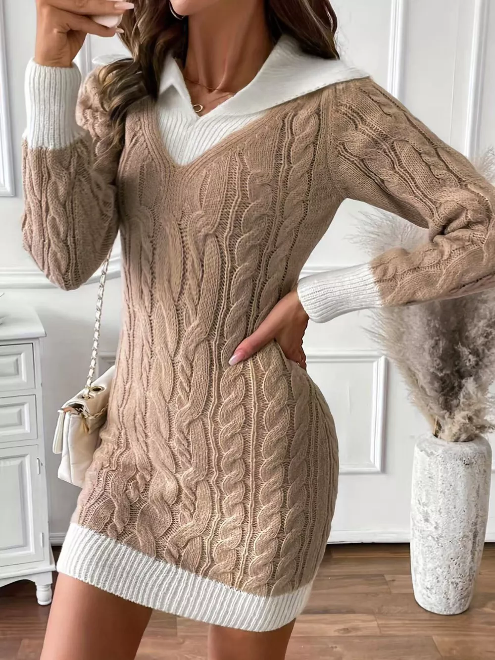 Cable Knit Contrast Trim Sweater Dress, image 2