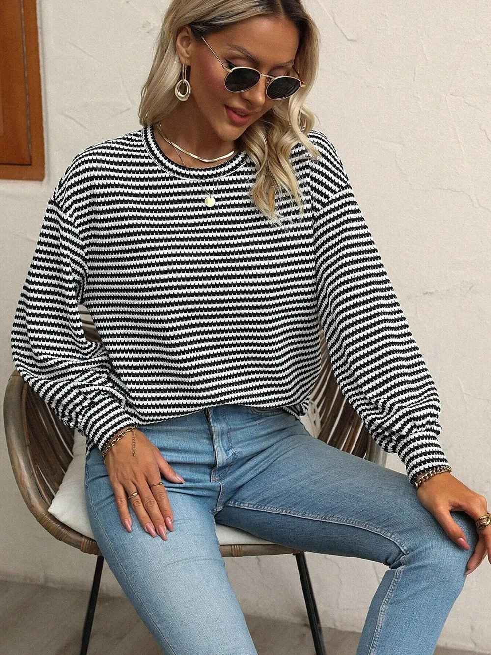 Striped Round Neck Lantern Sleeve Top, image 8