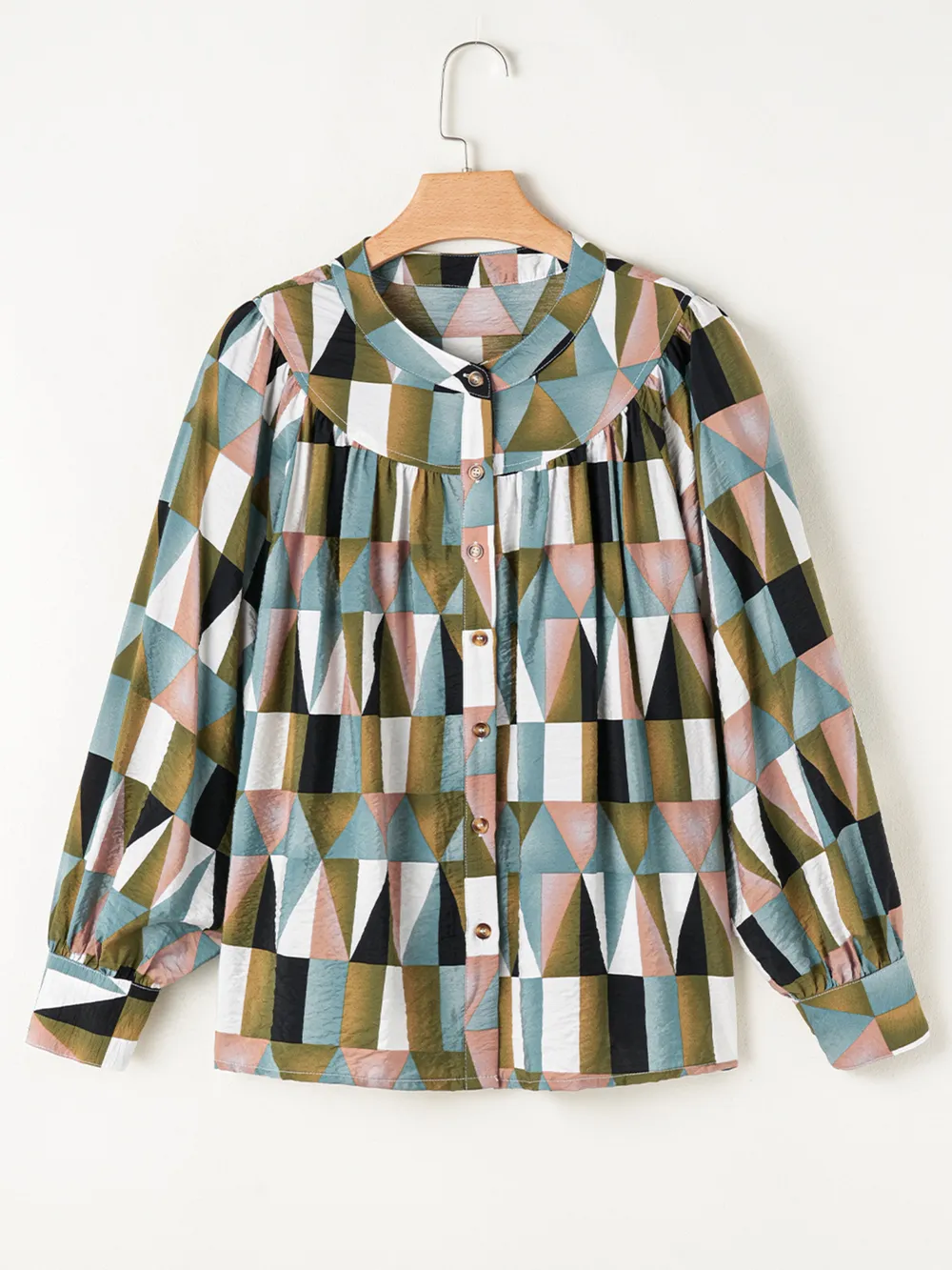 Geometric Print Buttoned Balloon Sleeve Loose Fit Shirt, image 4