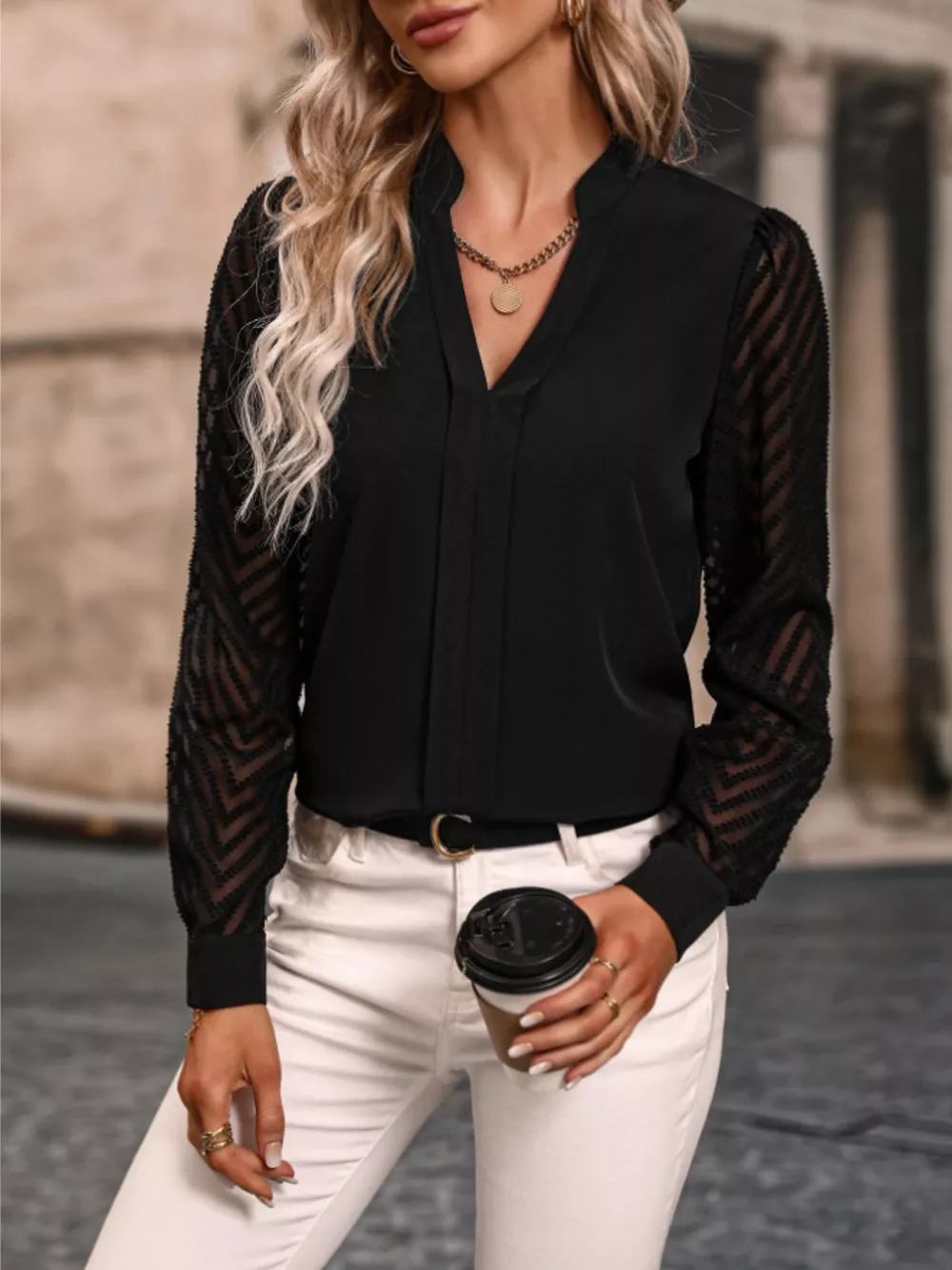 Notched Long Sleeve Blouse, image 5