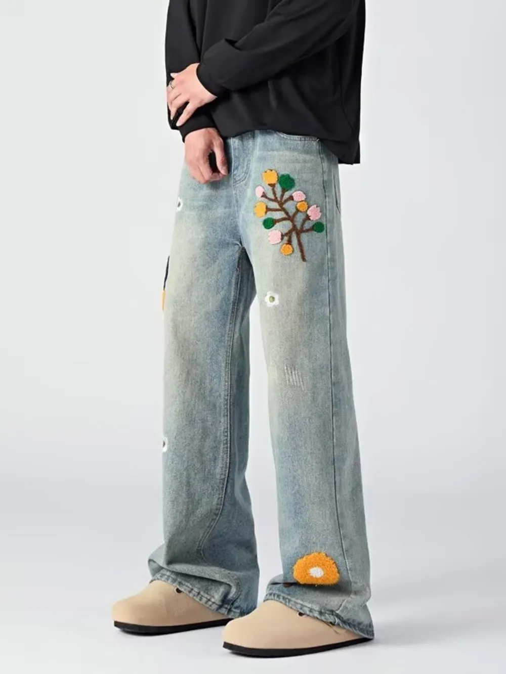 Men's Embroidered Wide Leg Jeans, image 2