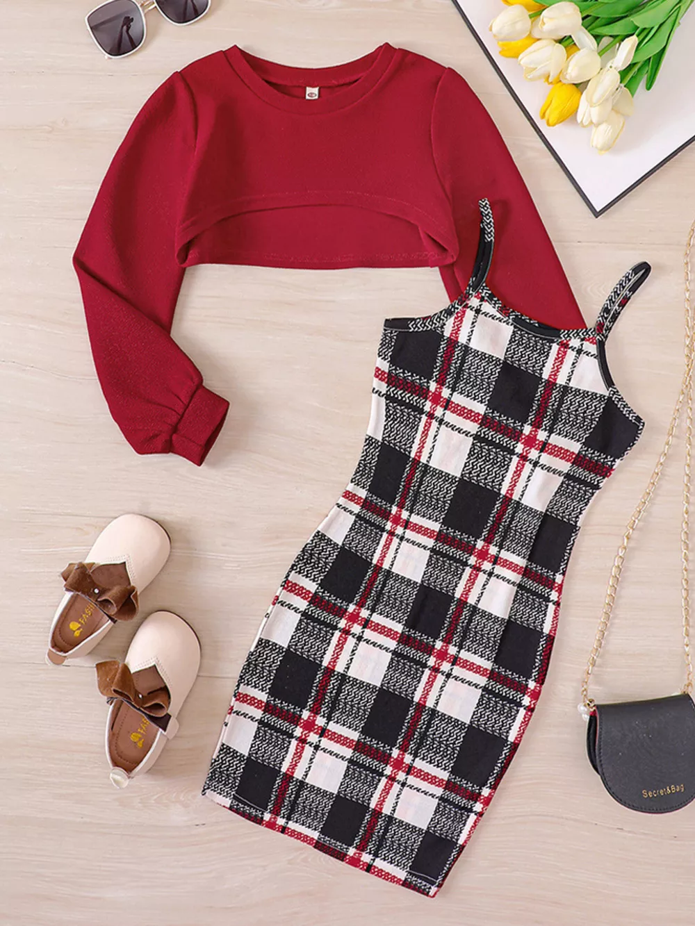 Children's Plaid Print Long Sleeve Dress Set, image 8