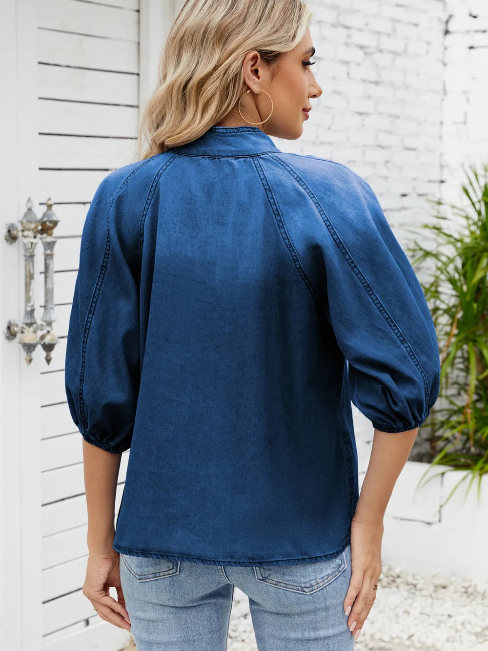 Denim Bow Tie Puff Sleeve Top, image 2