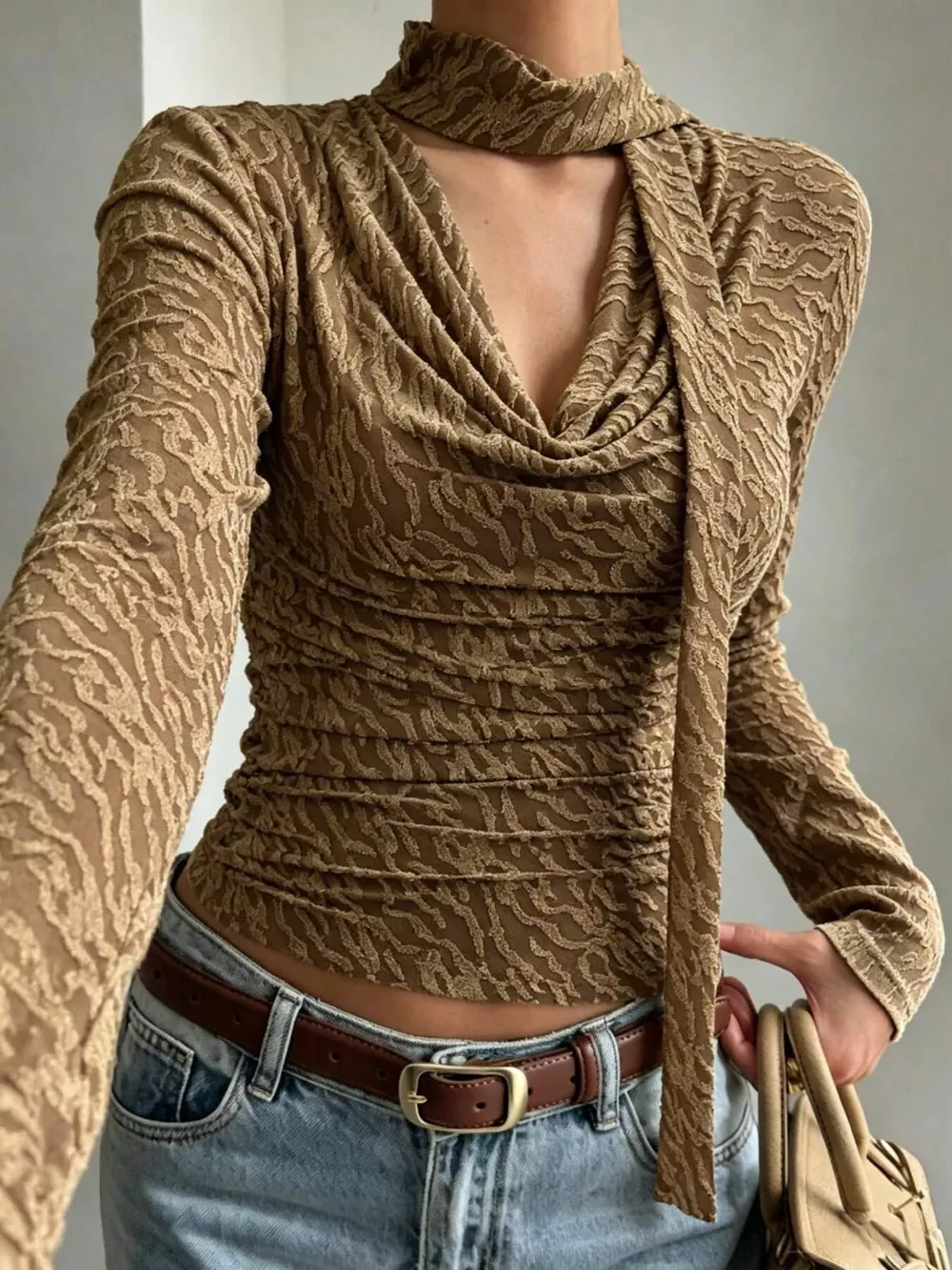 Textured Cowl Neck Long Sleeve Blouse with Scarf Detail, image 4