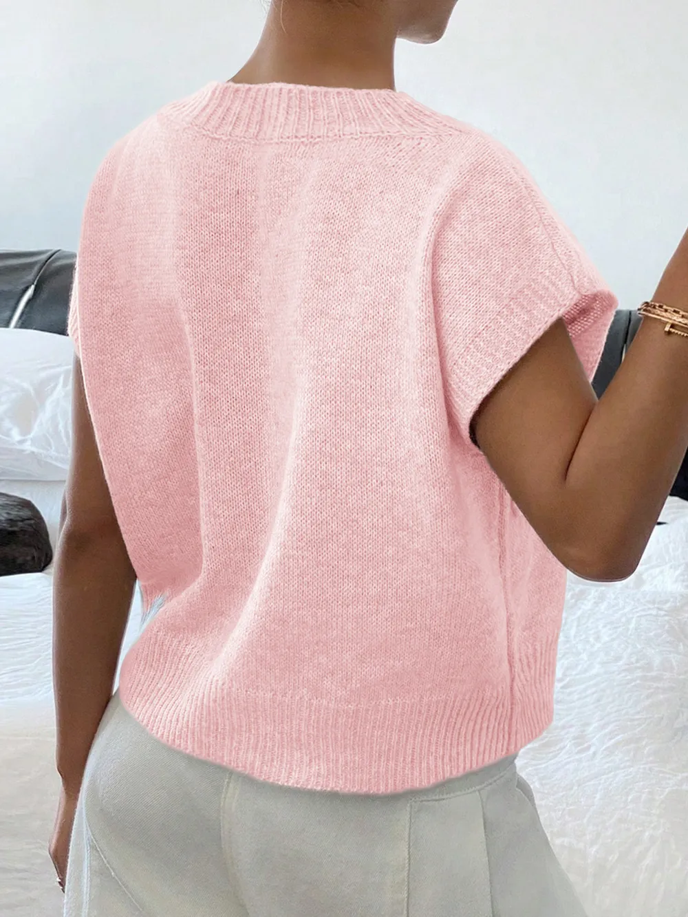 Ribbed Hem V-Neck Short Sleeve Sweater, image 12