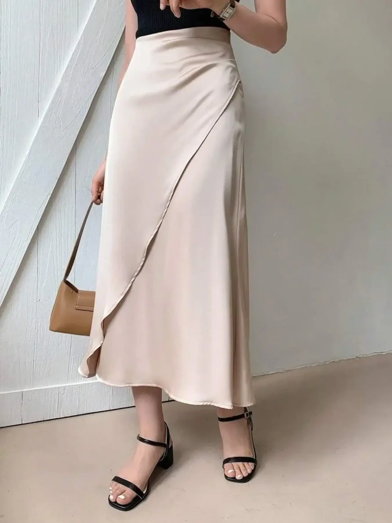Asymmetric Wrap Midi Skirt with Fluted Hem, image 6