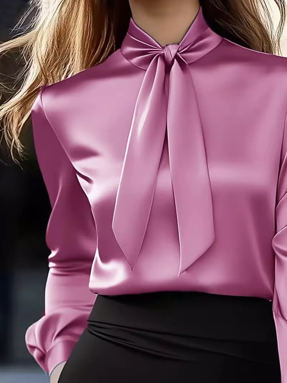 Satin Bow Tie Long Sleeve Blouse, image 12