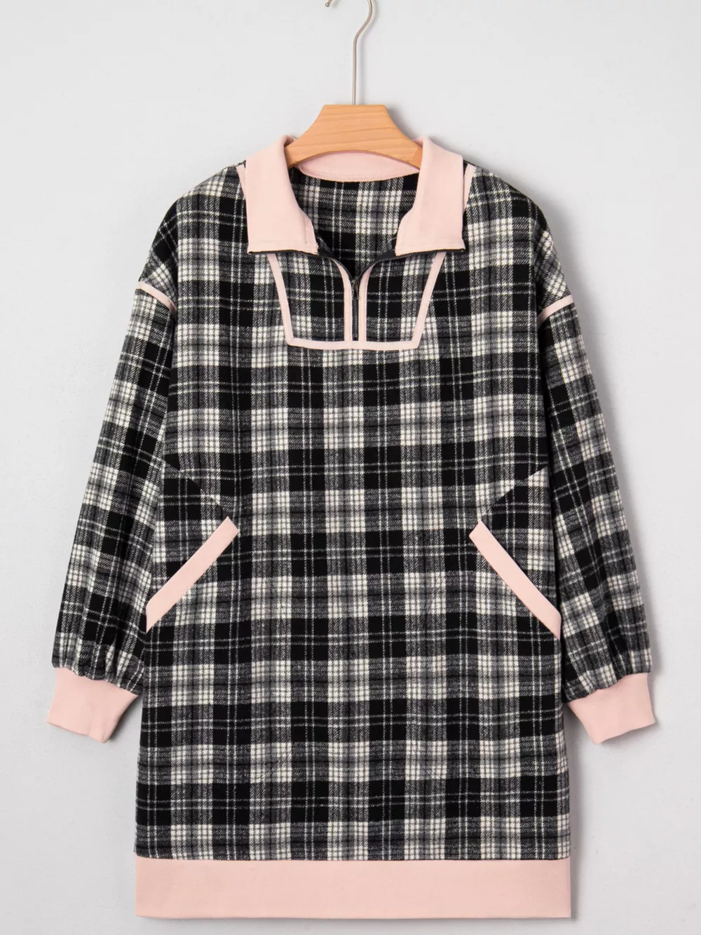 Plaid Polo Collar Zip up Contrast Trim Shift Long Sleeve Mini Dress, image 4