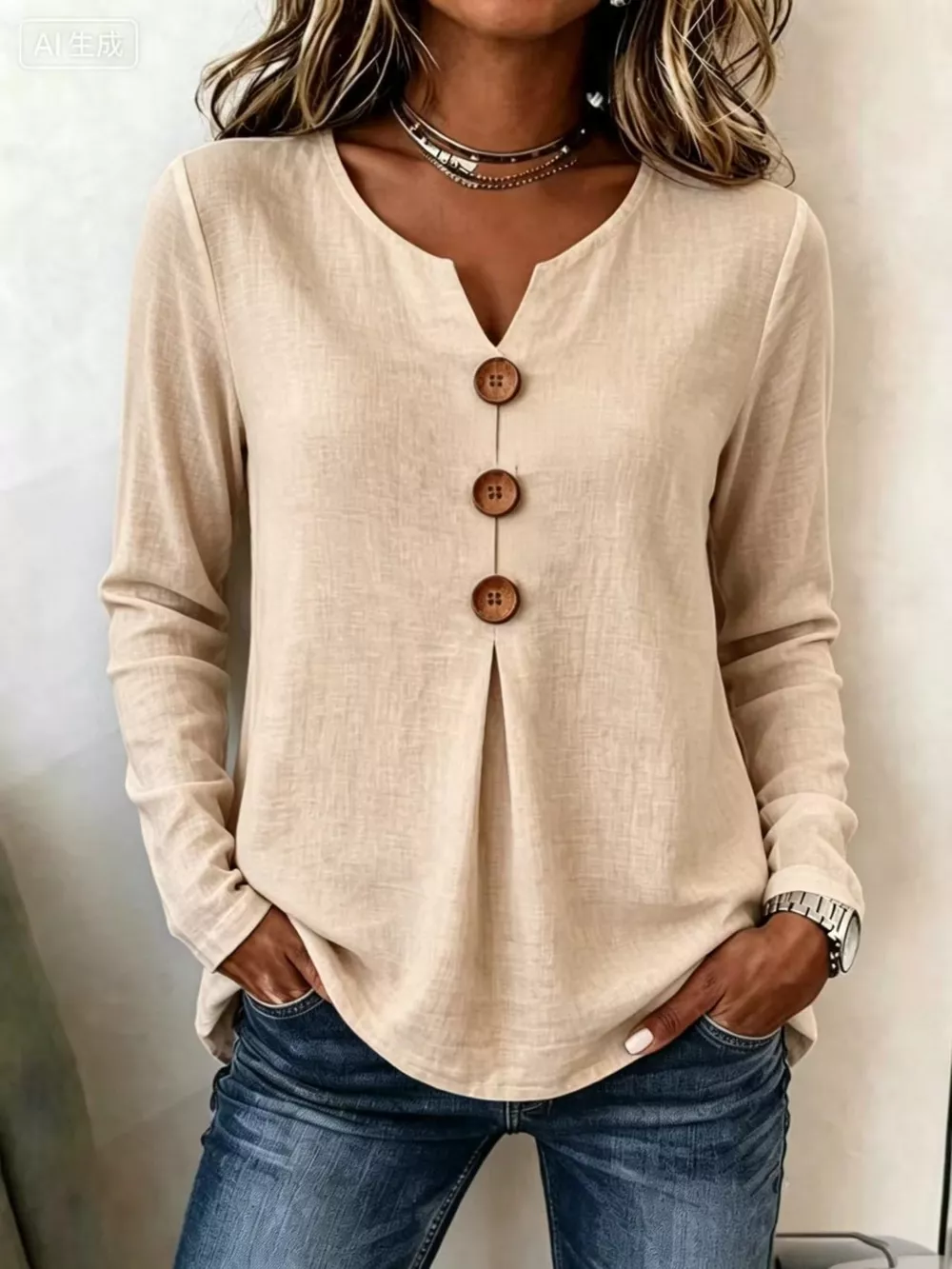 Full Size Decorative Button Long Sleeve Blouse Plus Size, image 7