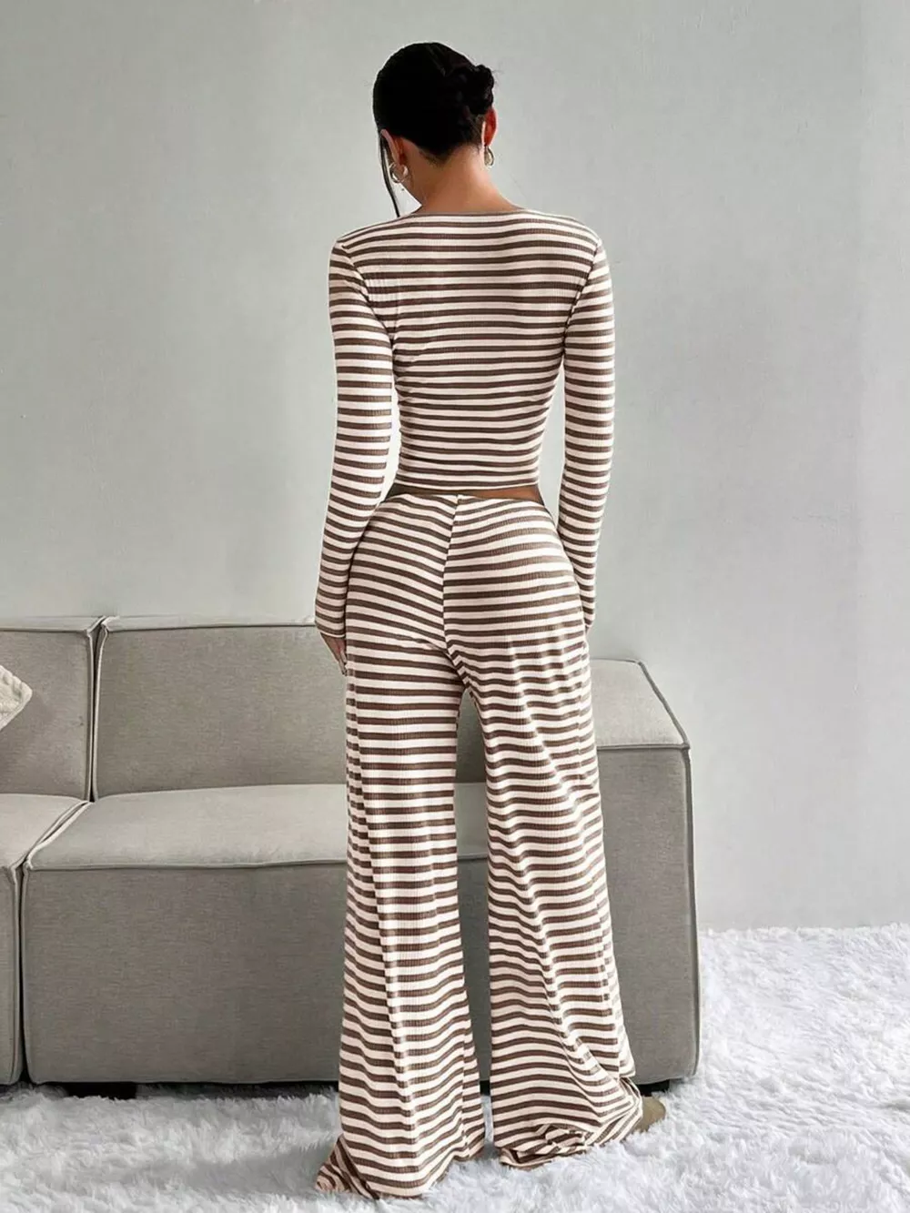 Striped Long Sleeve Crop Top and Wide Leg Pants Set, image 11