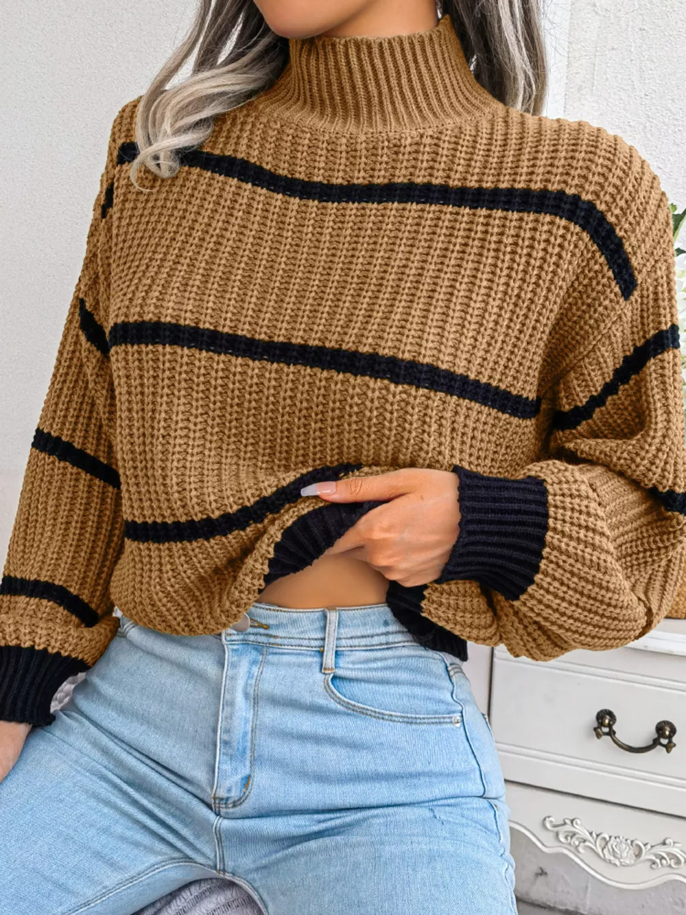 Striped Mock Neck Knit Sweater, image 5