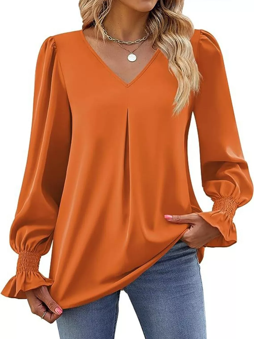 V-Neck Long Sleeve Ruffle Cuff Blouse, image 2