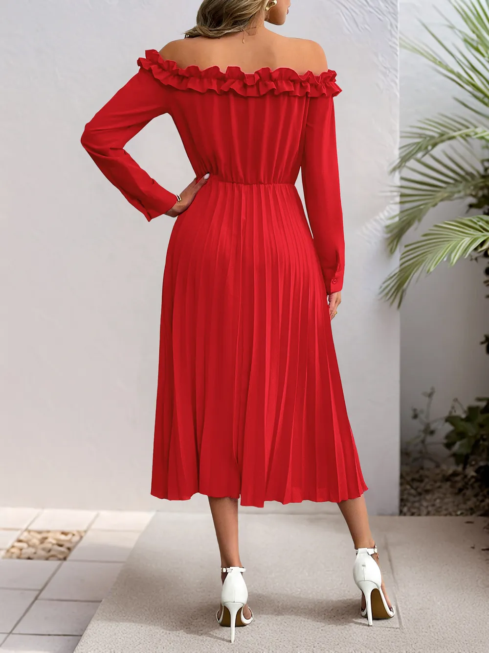 Off-Shoulder Ruffle Pleated Midi Dress, image 3