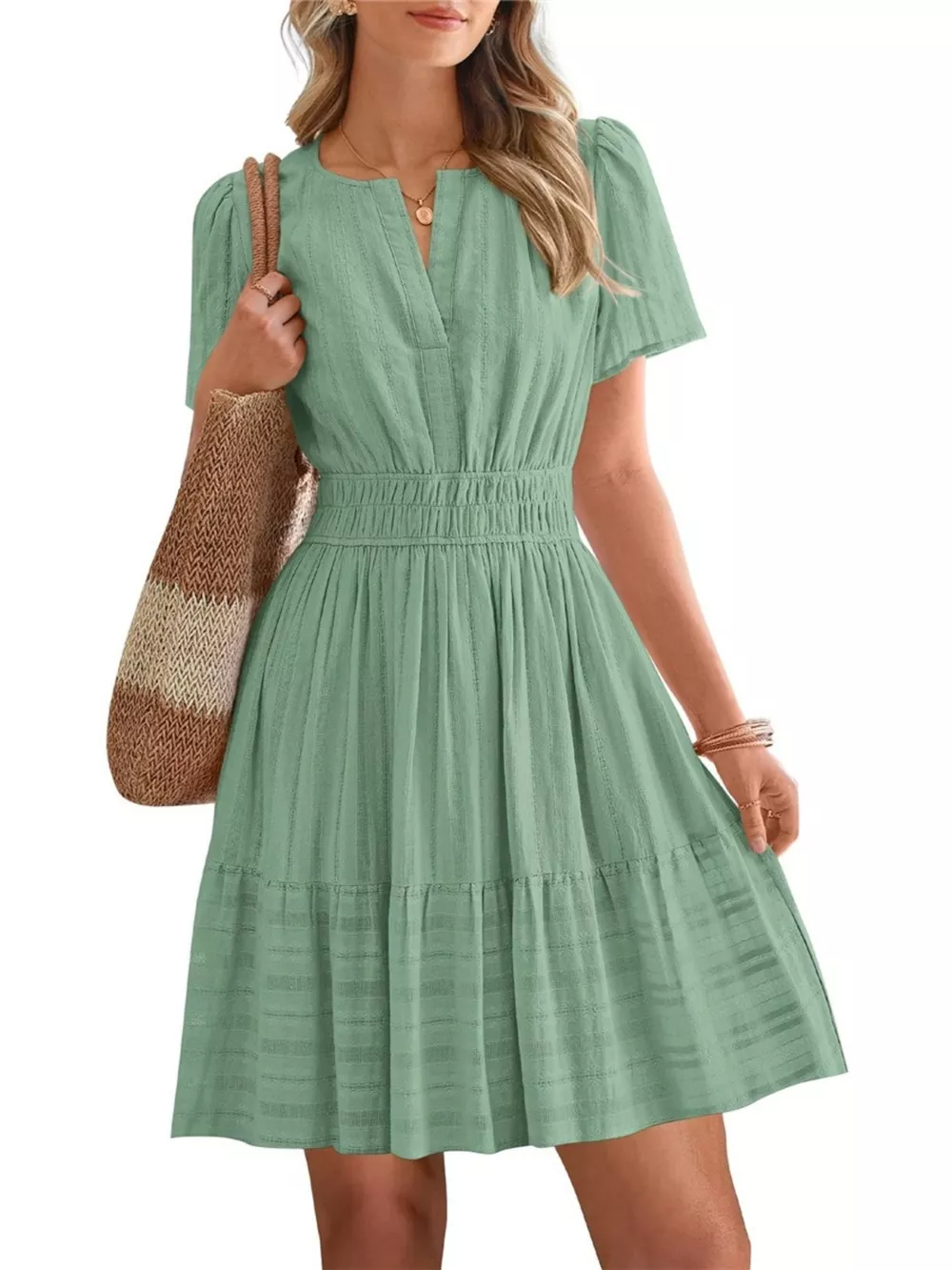 Short Sleeve Smocked Waist Tiered Dress, image 17