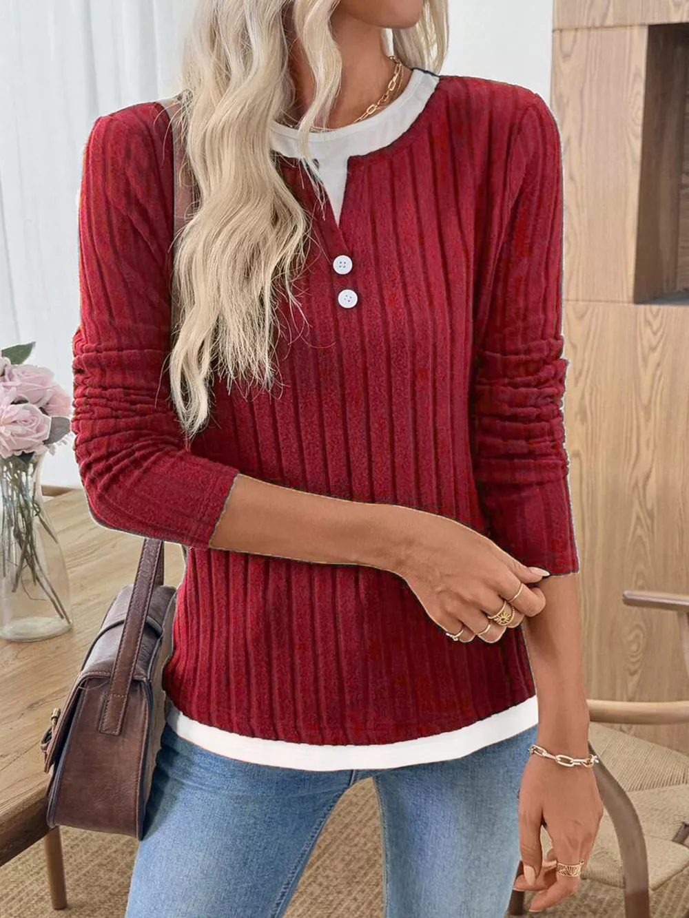 Ribbed Knit Button Detail Contrast Sweater, image 16