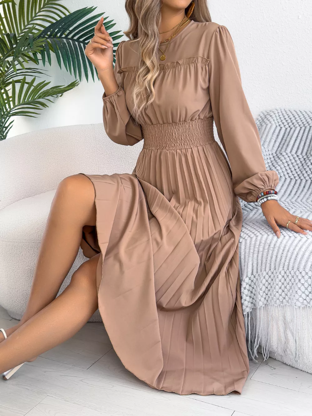 Smocked Pleated Long Sleeve Midi Dress, image 3