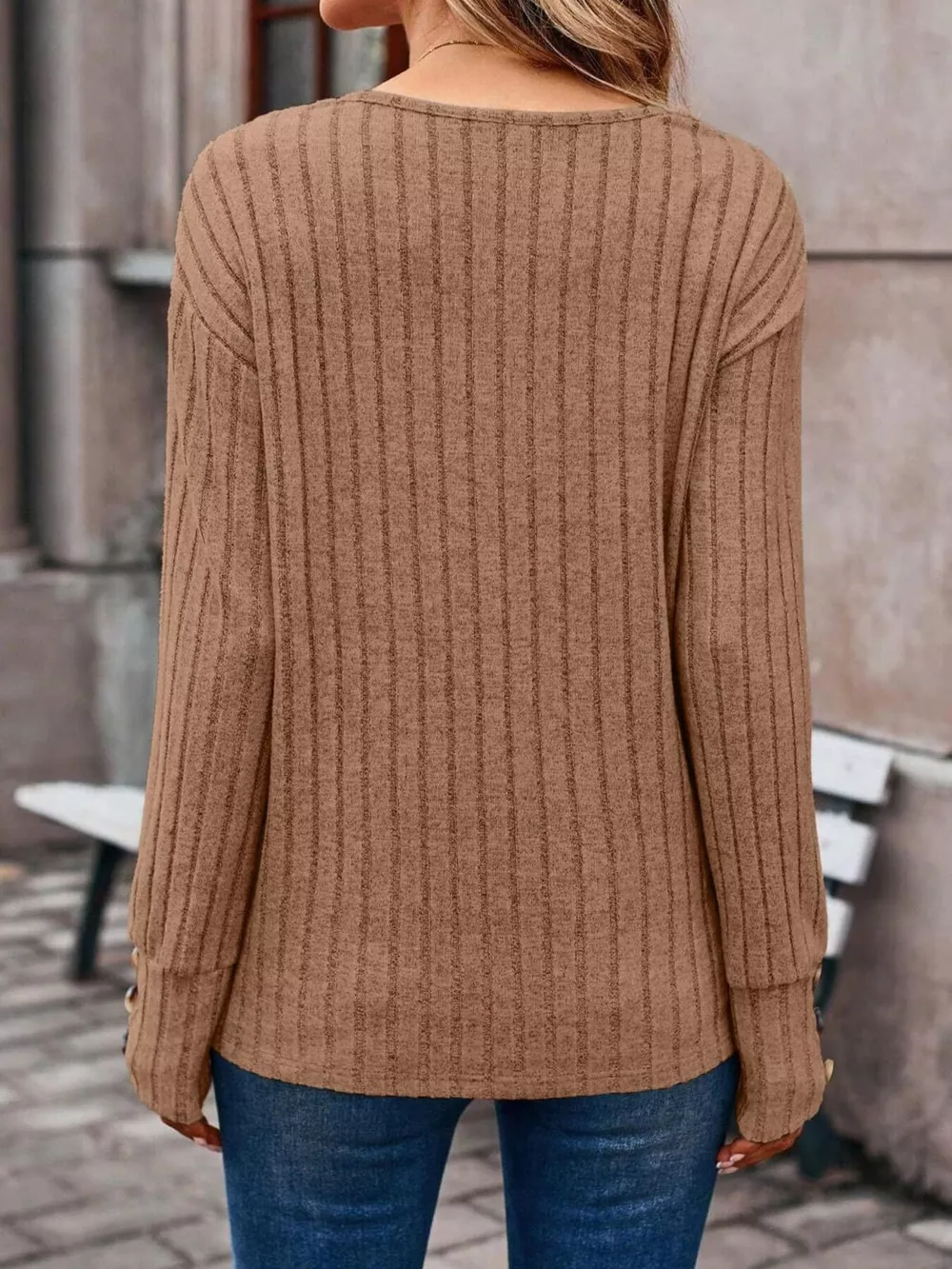 Ribbed V-Neck Long Sleeve Top, image 11