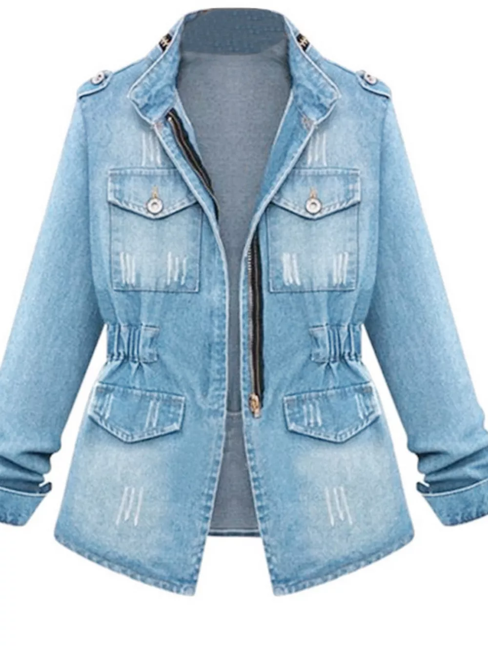 Full Size Chest Pocket Zip Up Denim Jacket Plus Size, image 2