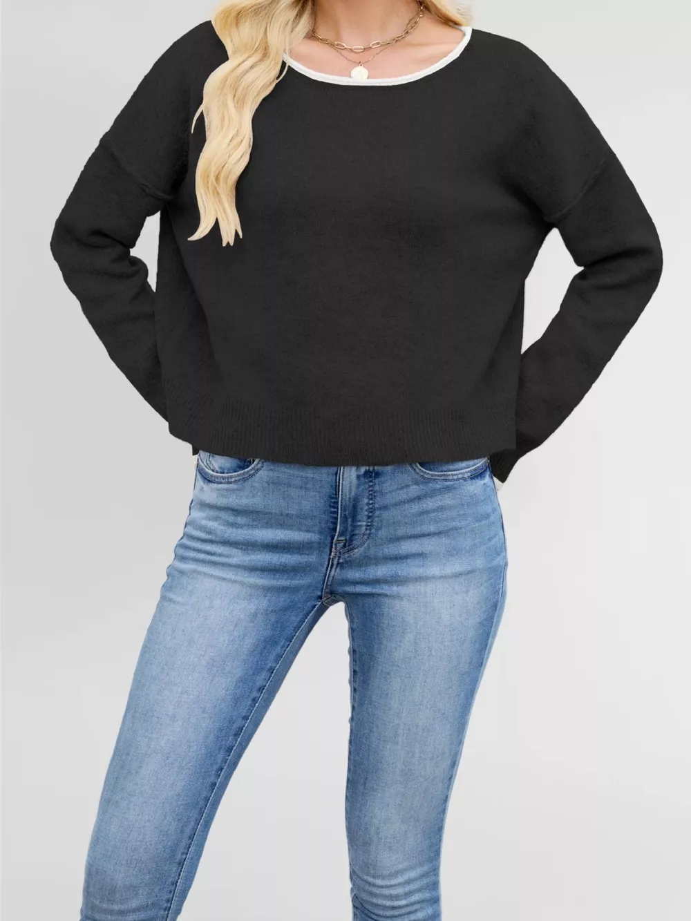 Contrast Trim Dropped Shoulder Sweater, image 3