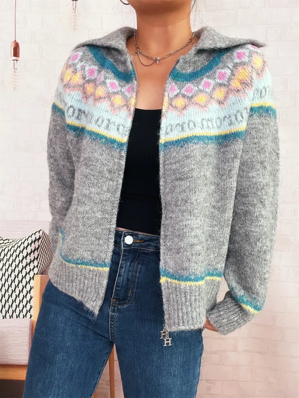 Fair Isle Pattern Zip-Up Cardigan, image 4