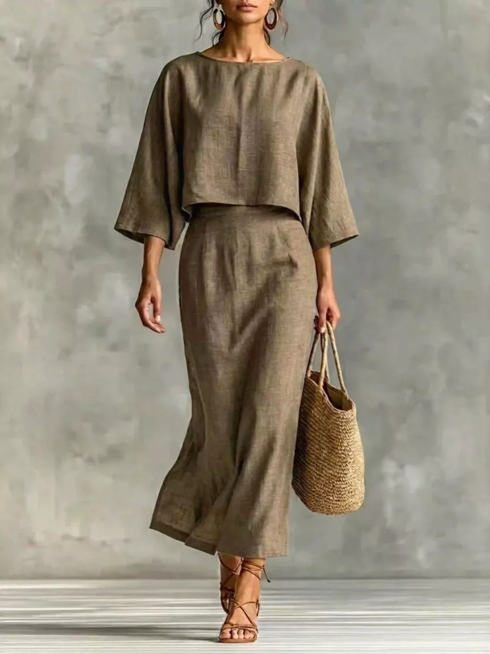 Full Size Solid Color Cropped Top and Midi Skirt Set Plus Size, image 10
