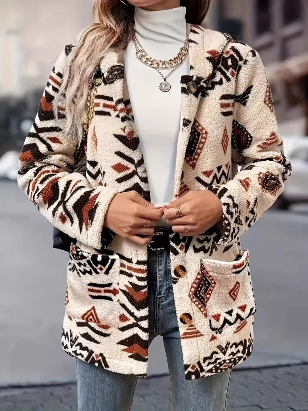 Ethnic Pattern Button-Up Fleece Outerwear, image 2