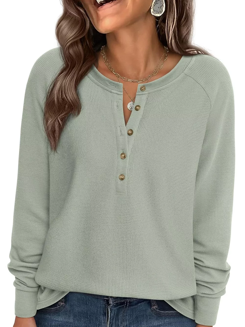 Waffle Knit Henley Long Sleeve T-Shirt, image 2