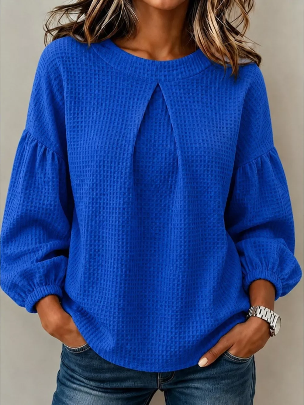Waffle Knit Round Neck Top, image 3