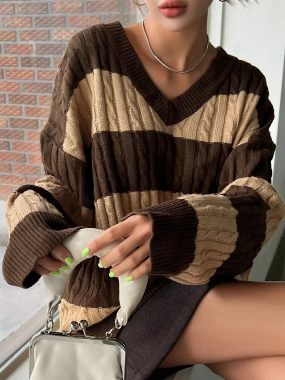 V-Neck Striped Cable Knit Sweater, image 8