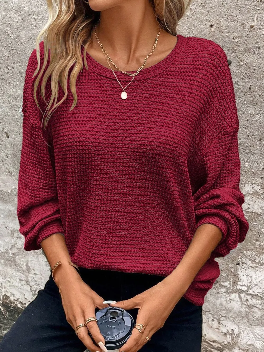 Plus Size Relaxed Fit Waffle Knit Round Neck T-Shirt, image 13