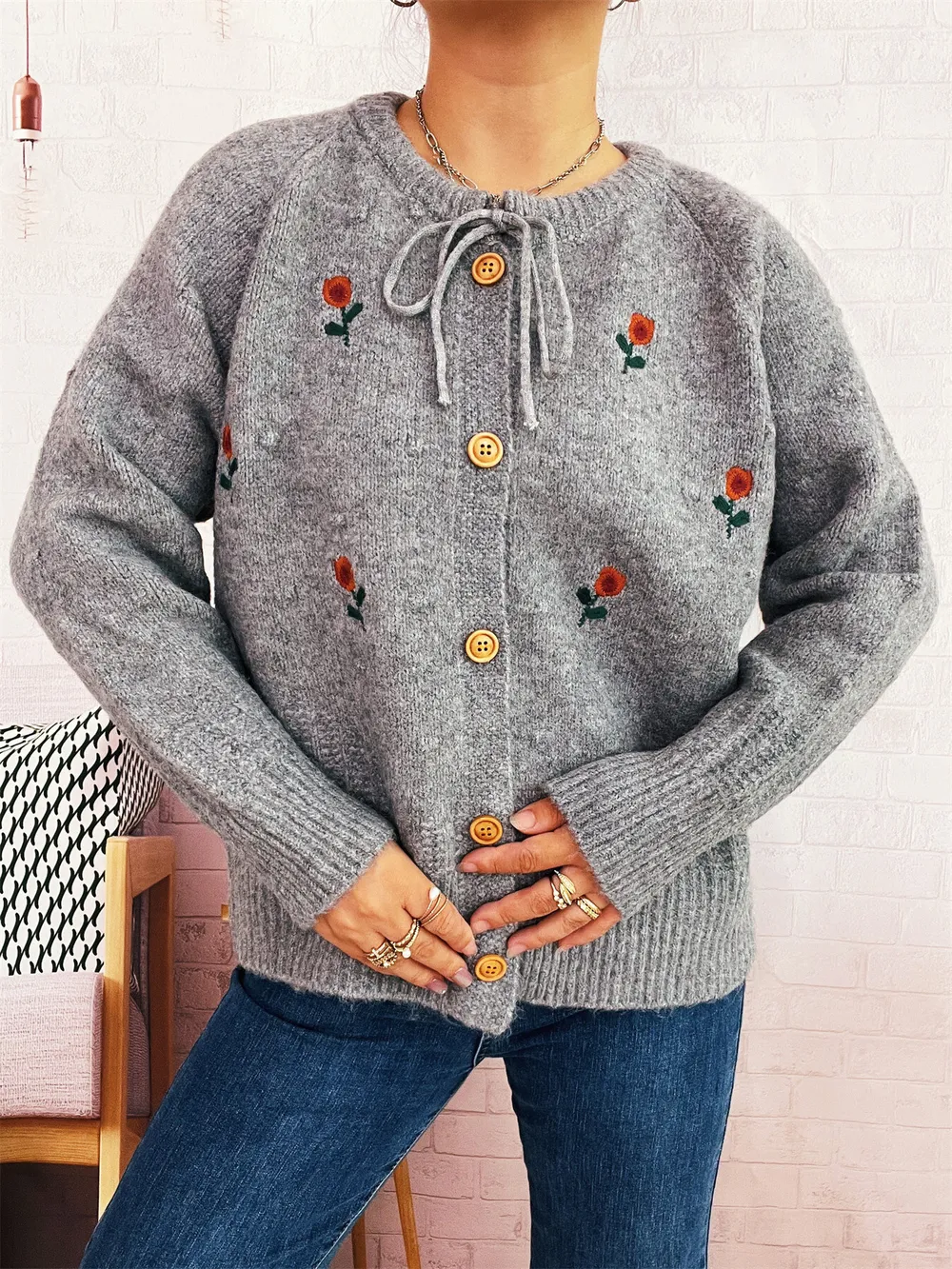 Rose Embroidered Button-Up Cardigan, image 6