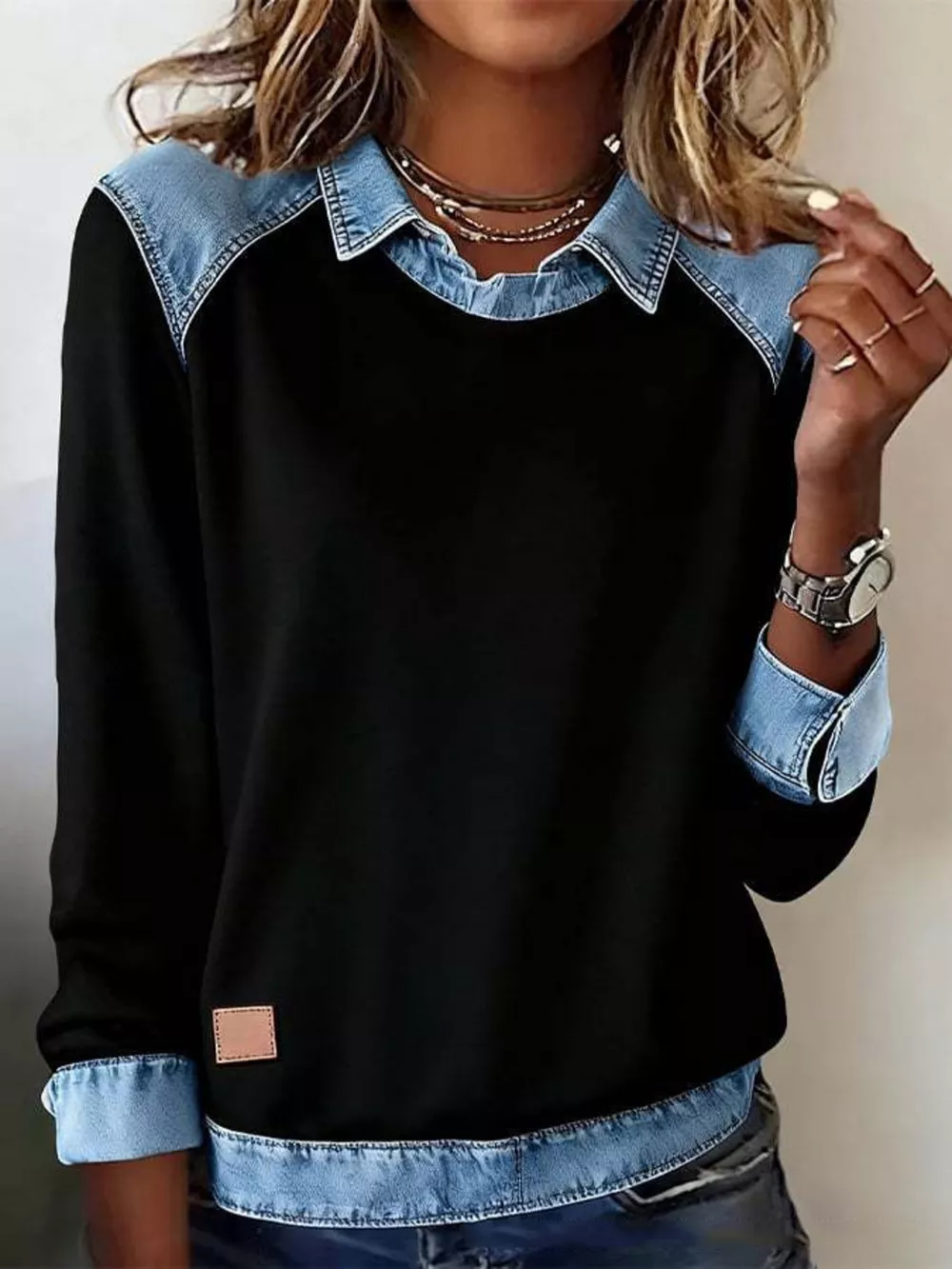 Full Size Denim Trim Long Sleeve Top Plus Size, image 9