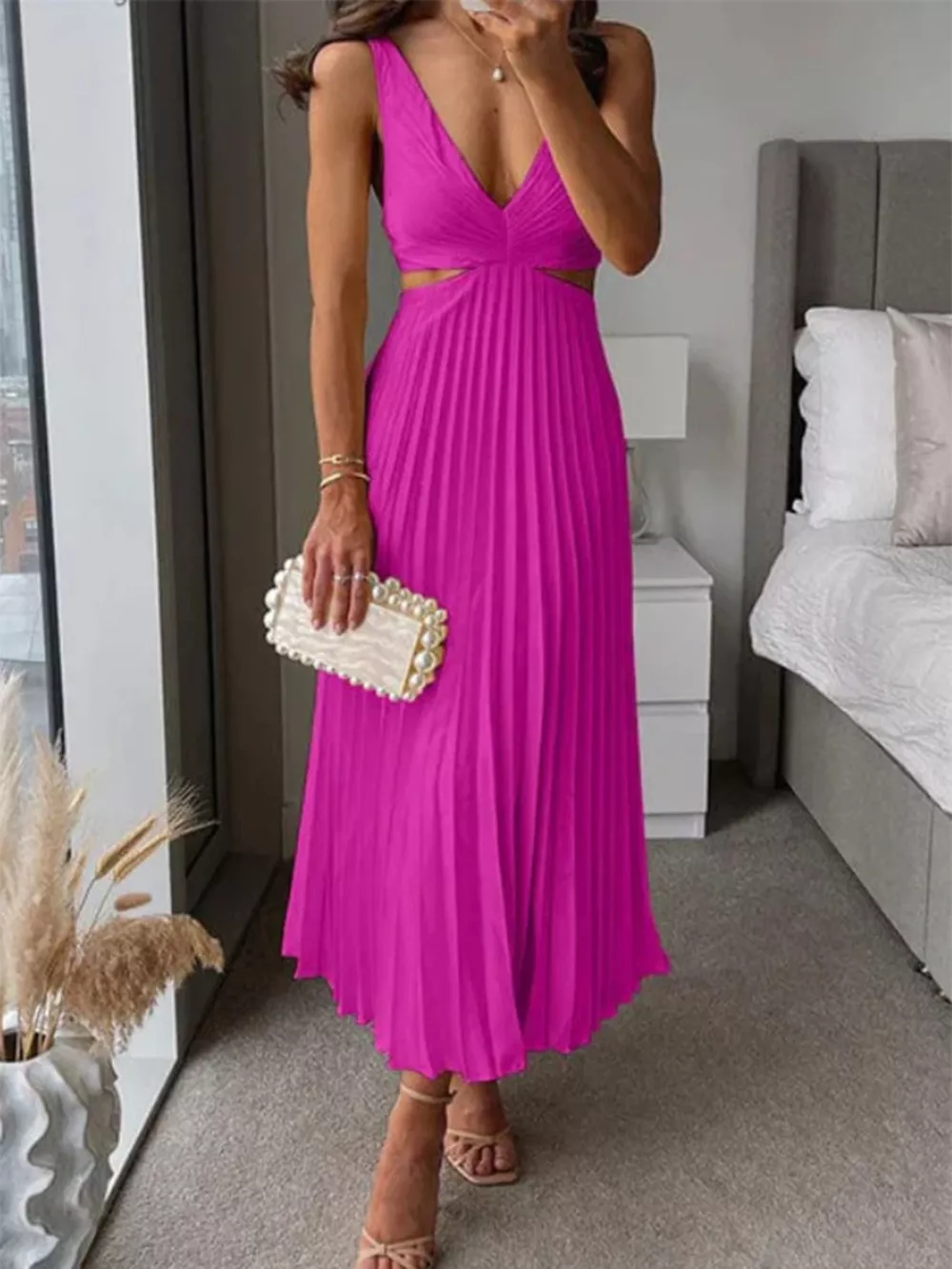 Elegant Pleated Midi Dress with Cut-out Details, image 6