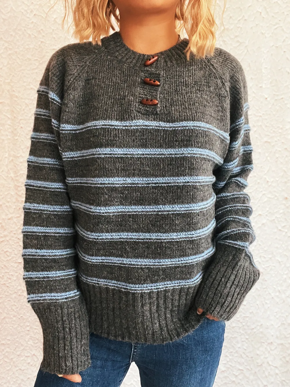 Striped Button Detail Long Sleeve Sweater, image 16