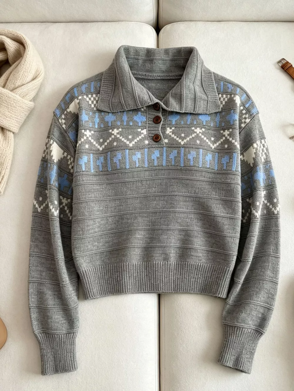 Vintage-Inspired Fair Isle Patterned Polo Sweater, image 20