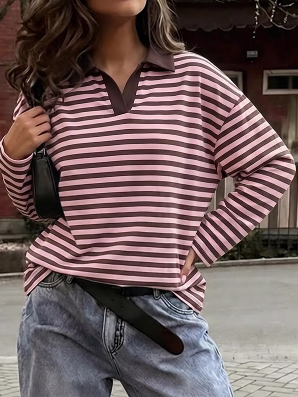 Vintage Striped Polo Collar Long Sleeve Top