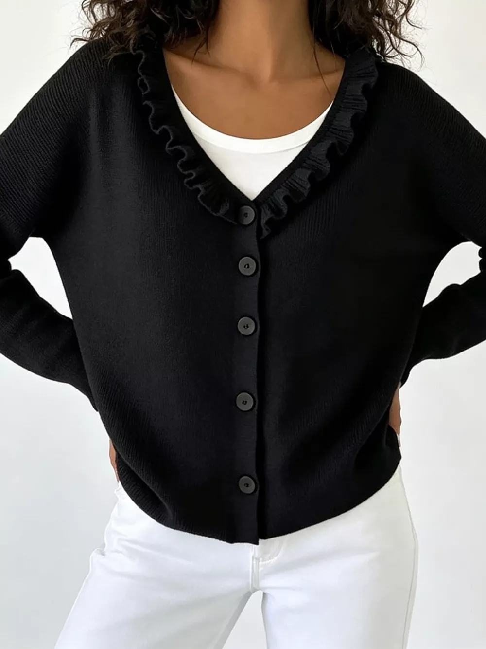 Ruffled Neckline Button-Up Cardigan, image 19
