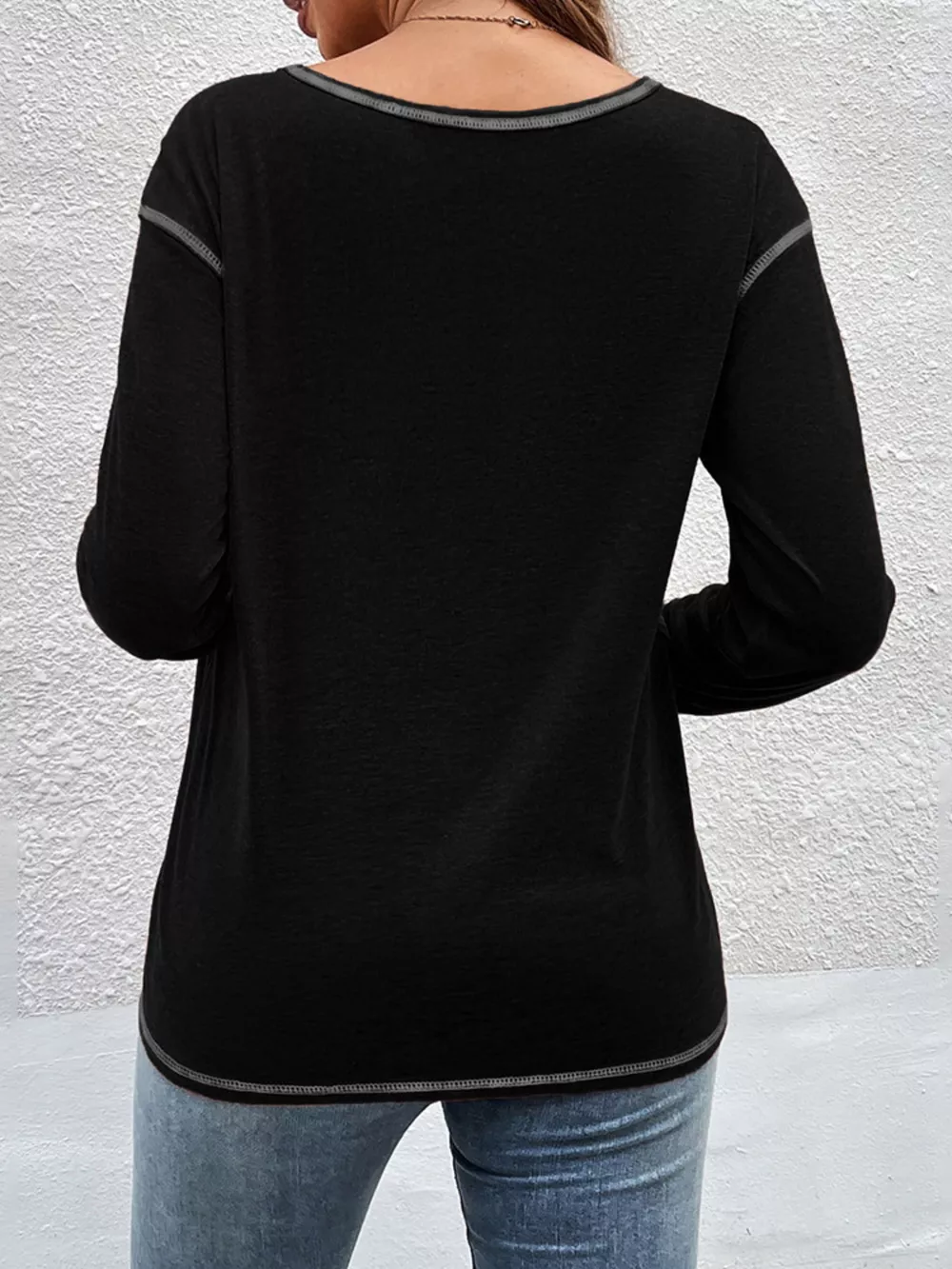 Casual Long Sleeve Exposed Seam T-Shirt with Decor Button, image 7