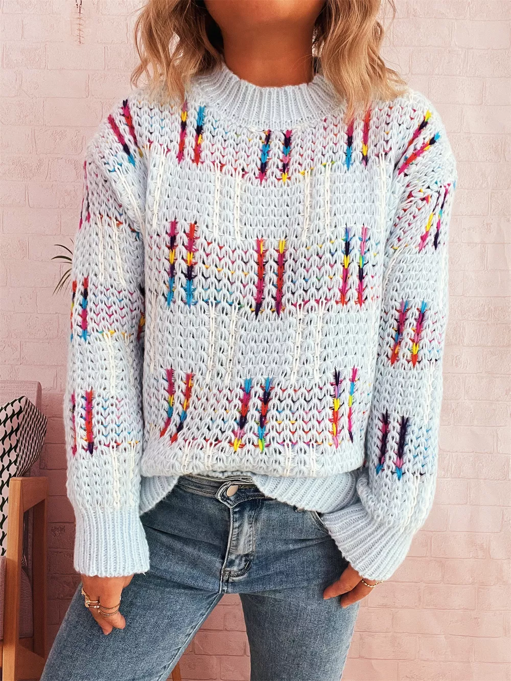 Colorful Round Neck Long Sleeve Sweater, image 8