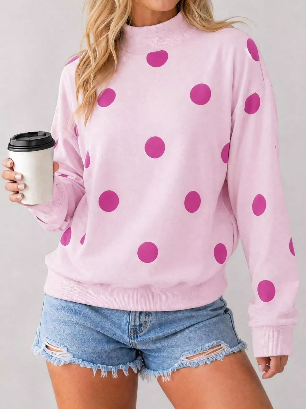 Mock Neck Polka Dot Print Oversized Sweatshirt, image 5