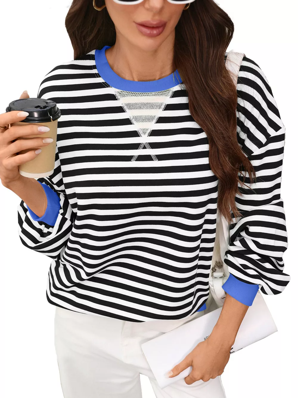 Contrast Trim Striped Crew Neck Sweatshirt, image 3
