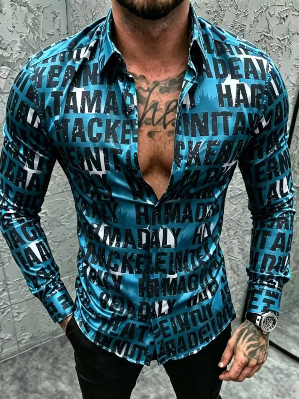 Men's Plus Size Letter Print Slim Fit Long Sleeve Shirt, image 2