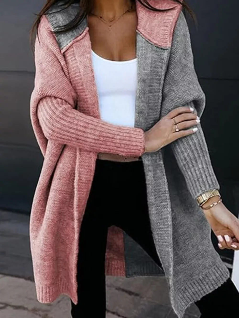 Two-Tone Open Front Knit Hooded Cardigan, image 4