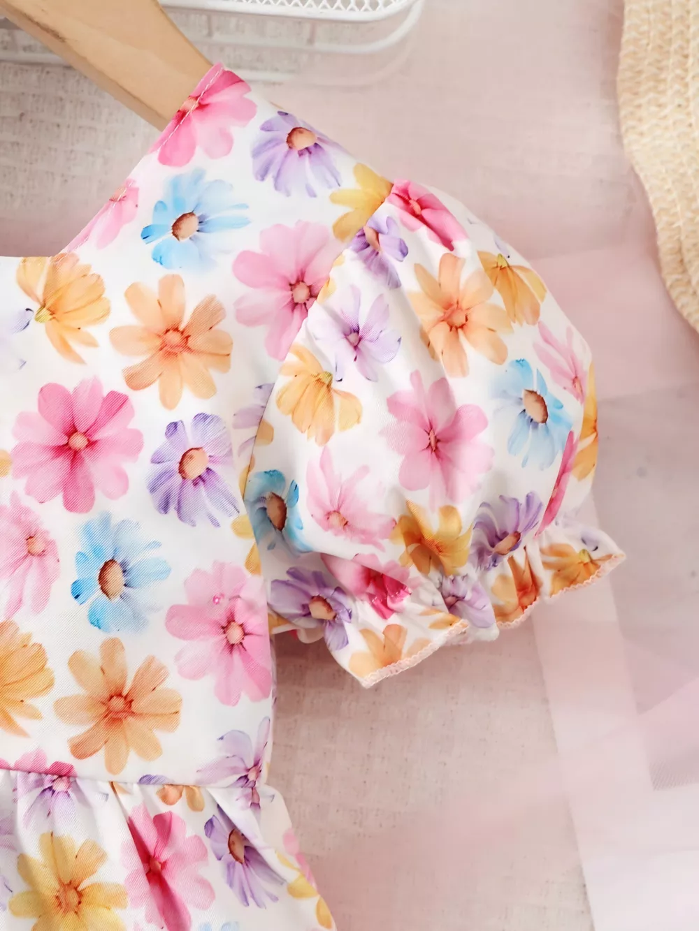 Children's Floral Print Puff Sleeve Ruffle Hem Dress, image 5
