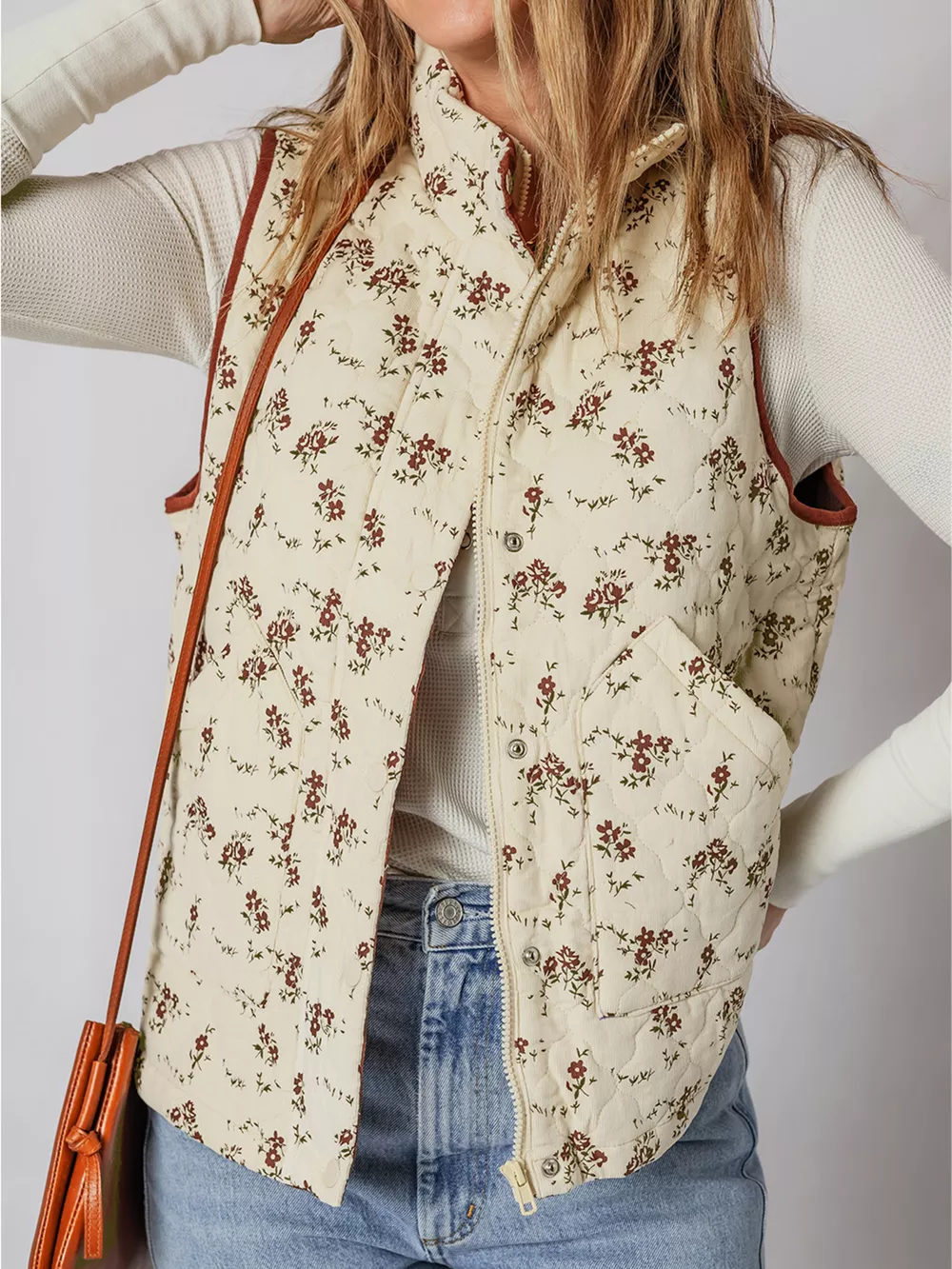 Floral Print Zip Up Quilted Vest, image 2