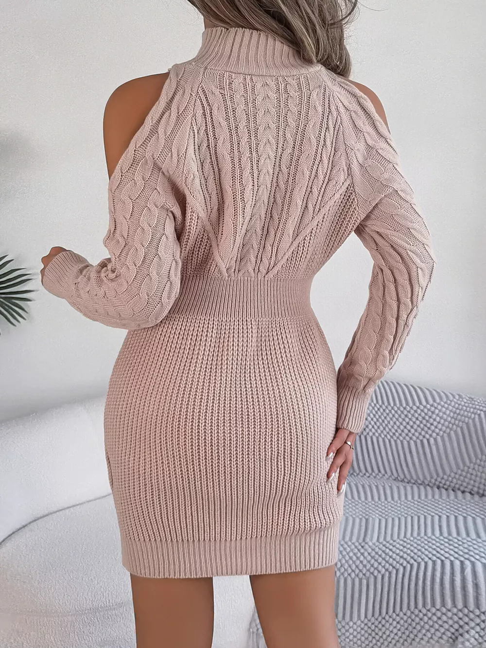 Cold Shoulder Cable Knit Turtleneck Sweater Dress, image 5