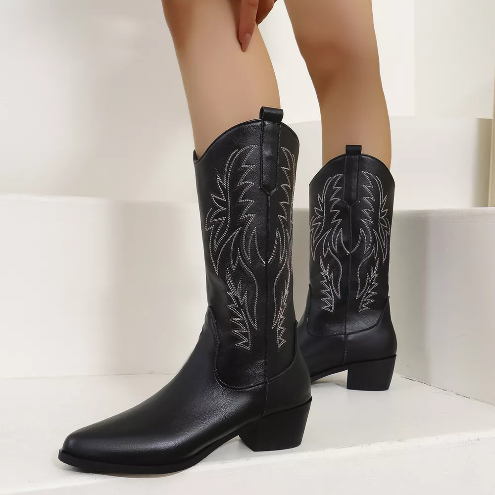 Embroidered Point Toe Block Heels Boots, image 2
