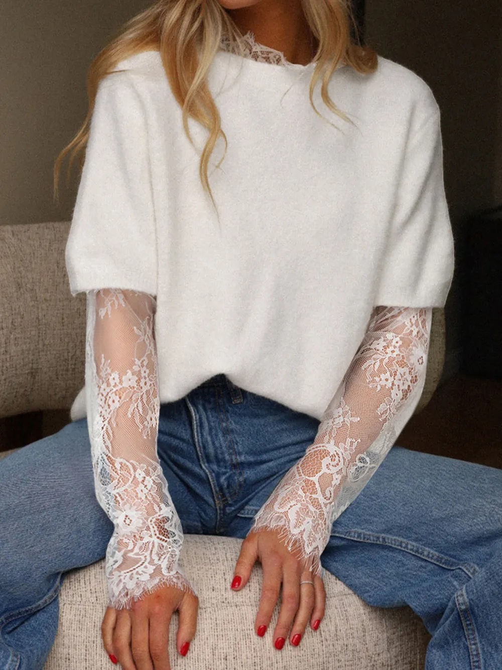 Lace Sleeve Patchwork Faux Two-piece Fuzzy Sweater, image 5