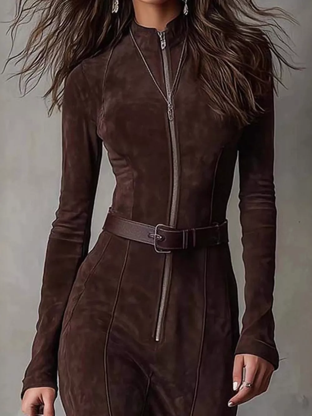 Full Size Zipper Front Long Sleeve Slit Maxi Dress Plus Size, image 3