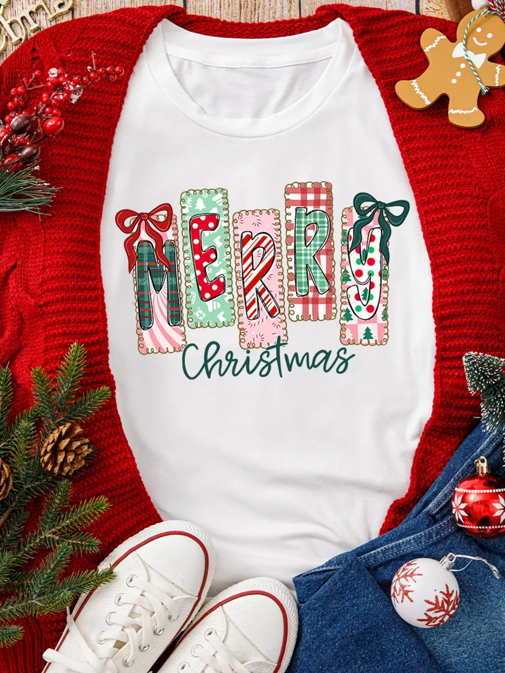 Merry Christmas Ribbon Bow Detail Holiday Graphic Tee, image 3